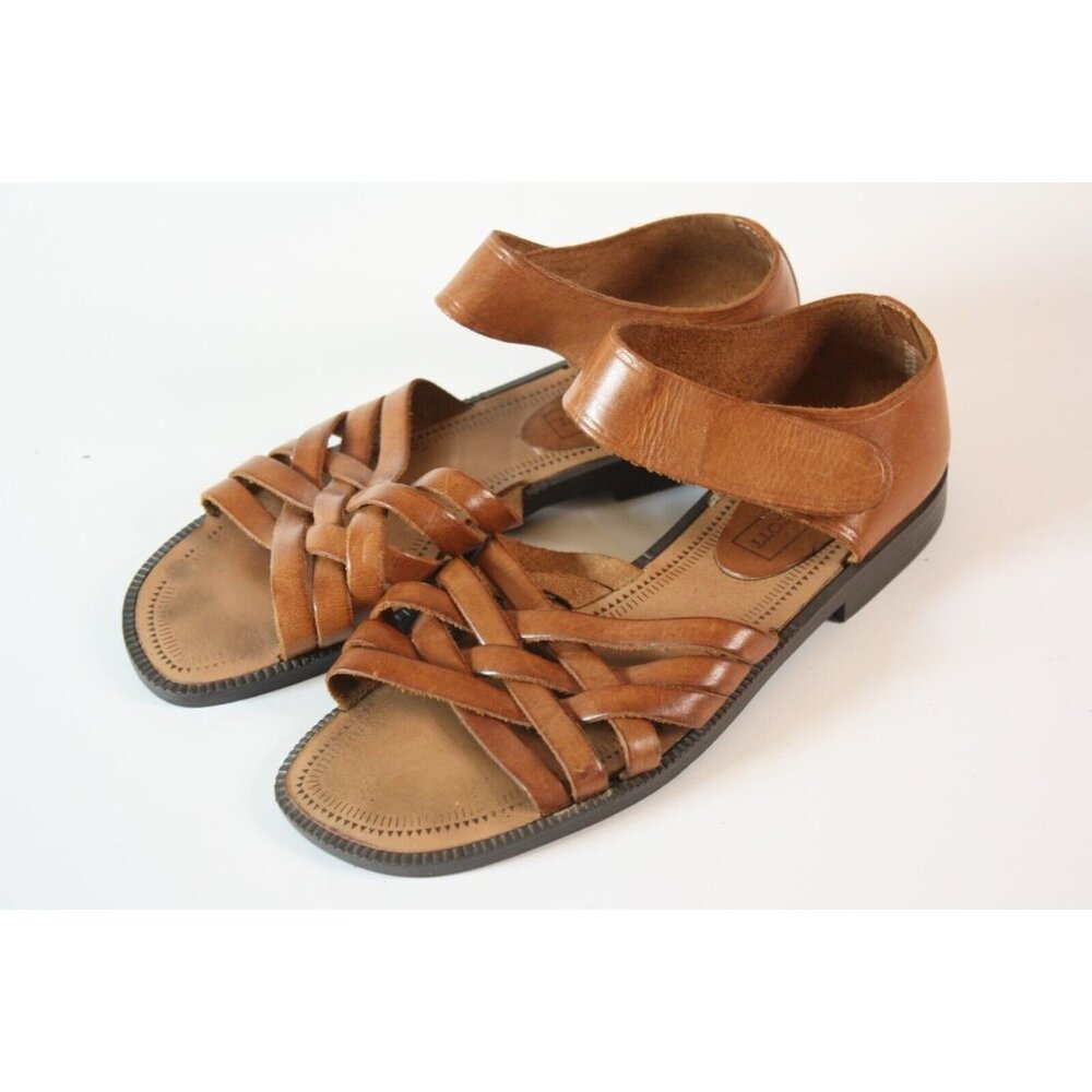 KAREN SCOTT Arrow Womens Sz 7 Brown Leather Flat Sole Hook & Loop Sandals